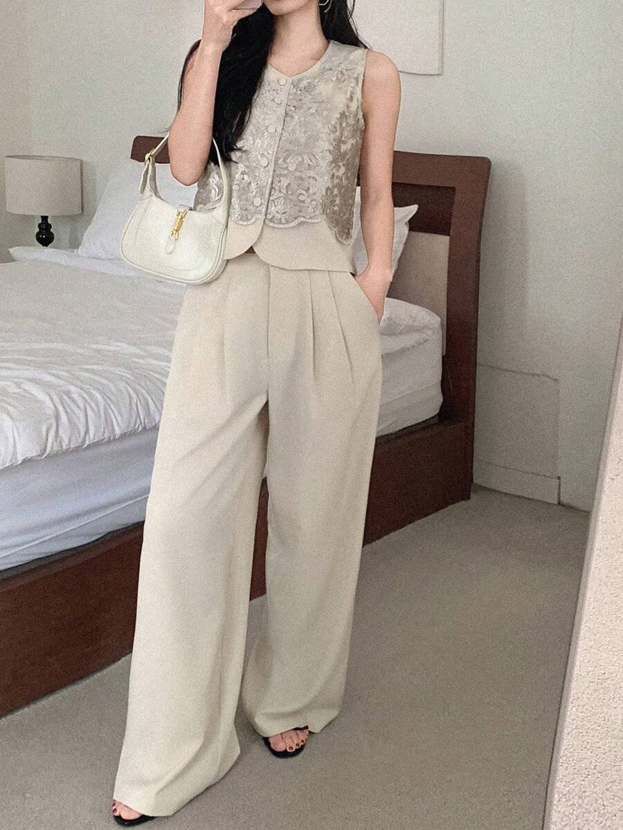 DAZY Women's Round Neck Sleeveless Lace Patchwork Cardigan And Loose Wide-Leg Pants Elegant 2 Pieces Set - Apricot - View 1