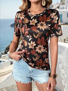 SHEIN Holidaya 女士优雅休闲度假印花短袖T恤 - 彩色 - 查看 6