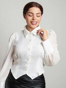 Lupita Cardoza New Fashion Elegant Puff Sleeve Cropped Button Down Shirt, Chic & Slim Fit See-Through Sleeve Blouse Fall Cloth For Women - White - View 5