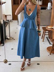 DAZY Women's Casual Denim Jumper Dress With Ruffle Strap - Medium Wash - View 2