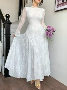 DAZY Women's Lace Fabric Waist Cinched A-Line Flare Sleeve Long Sleeve Elegant Fitted Dress - White - View 7