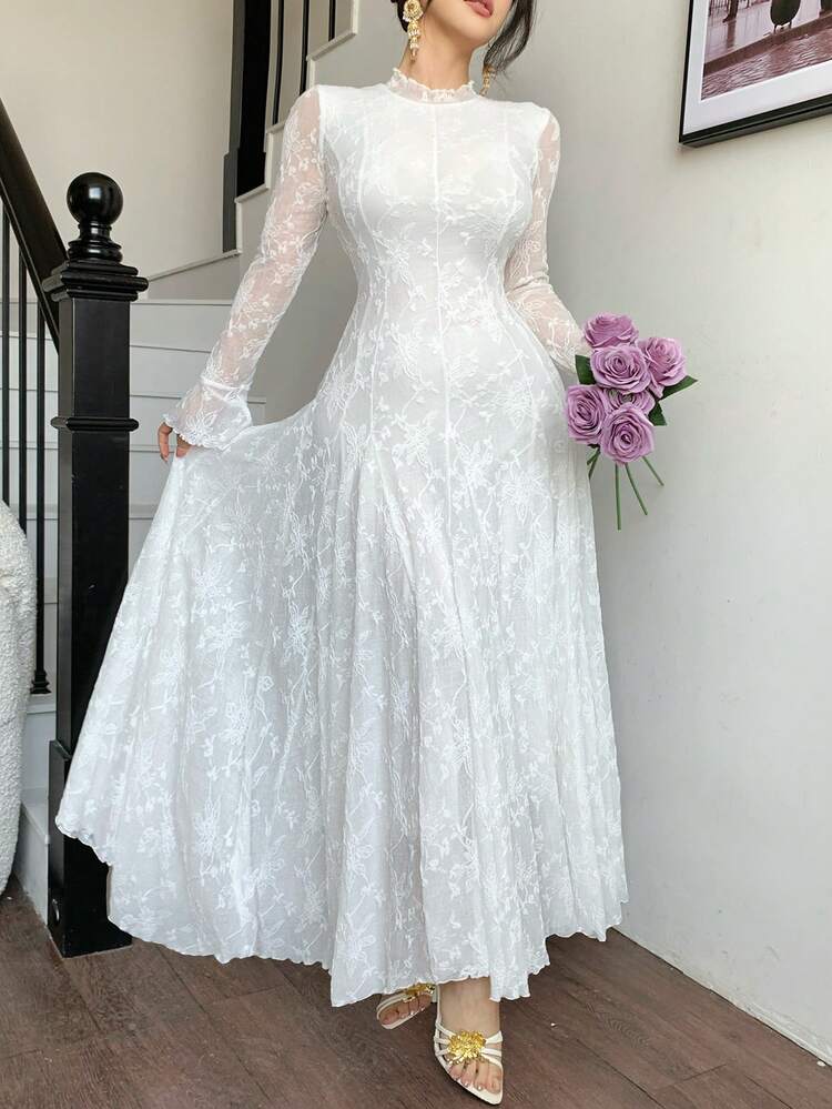 Women's Lace Fabric Waist Cinched A-Line Flare Sleeve Long Sleeve Elegant Fitted Dress Sundress