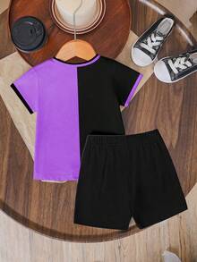 2件套KPOP女团图案数码印花T恤，女童数码印花短袖上衣和短裤套装，时尚休闲韩版风格，适合所有季节女童穿着 - 彩色 - 查看 2