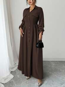 Elenzga Đầm dài tay kiểu Pháp thanh lịch, cỡ lớn dành cho nữ, thích hợp cho mùa Thu/Đông. - Cà phê nâu - Xem 4