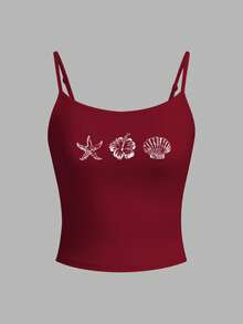 SHEIN EZwear Áo hai dây gợi cảm kiểu dáng thường ngày dành cho nữ, họa tiết sao biển, hoa và vỏ sò, thích hợp cho mùa hè. - Màu Đỏ Sâu - Xem 2