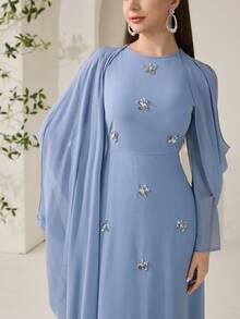 Veilorie Đầm xếp ly kiểu Ả Rập thanh lịch dành cho nữ, đính họa tiết bướm. - Màu xanh lam - Xem 5