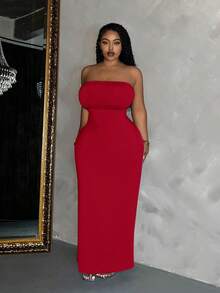 SHEIN Slayr Elegant Plus Size Red Knitted Bodycon Strapless Long Dress Tube Dress Plus Size - Red - View 5