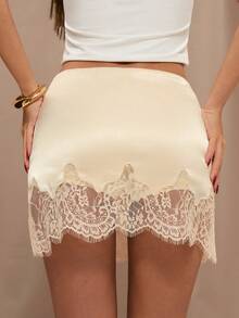 SHEIN BAE Women's Lace Patchwork Fashionable Versatile Date Party Mini Skirt - Apricot - View 2