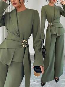 Elenzga 大码女式优雅通勤长袖不对称下摆系带衬衫和裤子两件套 - 軍綠色 - 查看 3