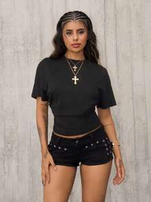 Rayane Ketlyn Women's Summer Minimalist Y2K Basic Daily Wear Casual Back To School Streetwear Stretchy Black Loose Ruched Crop Tees - Black - View 5