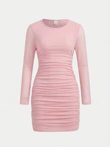 Firerie Kids Firerie Kids Đầm ngắn ôm sát màu hồng trơn cổ tròn tay dài chất liệu lưới, xếp ly, dành cho bé gái tuổi teen, thích hợp mùa thu/đông. - Hồng - Xem 2