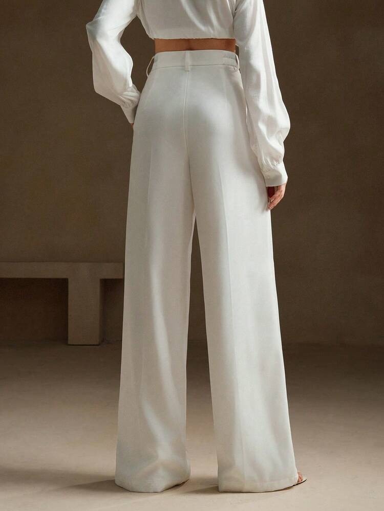 Elegant & Stylish Design Pleated White Women's Suit Pants, Pockets, Straight Leg, Suitable For Tall, Fall, Winter, Summer, Spring, New Year, Party, Wedding, Elegant, Chic, Stylish, Business Casual