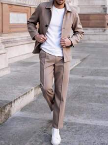 SHEIN 2 piezas Conjunto de traje casual para adolescentes - Chaqueta con cuello y mangas raglán, y pantalones rectos, diseño clásico y minimalista, versátil para el hogar, ir y venir, escuela, uso diario casual, viajes, al aire libre, fiestas, otoño/invierno - Caqui - Ver 1