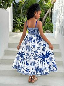 Tween Girl Tropical Blue Print Dress With Adjustable Back, Spring/Summer - Blue - View 2