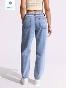 Jeanoix Cartoon Print Distressed Slant Pocket Casual Versatile Denim Jeans - Blue - View 2