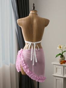 Bellisia Women's Summer Beach Vacation Mesh Frill Trim Wrap Tie Sarong Skirt - Pink - View 2
