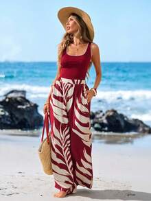 Sylviya 2pcs Women Casual Outfit, Leaf Print Top With Serrated Hem And Pants Set Summer Clothes Beach Outfits For Women Beach Set Vacation Outfits Women Two Piece Set Women - Multicolor - View 5