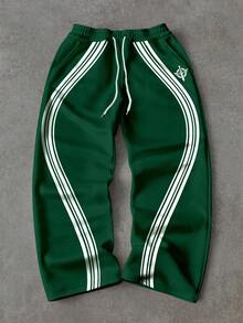 Manfinity ZONE917 宽松版型全宽休闲运动风撞色条纹交叉印花直筒抓绒运动裤，橄榄绿 - 墨綠色 - 查看 1