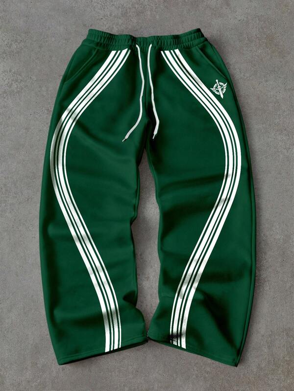 Manfinity ZONE917 Pantaloni de trening din fleece, cu croială lejeră, stil sport, casual, cu dungi contrastante și imprimeu încrucișat, cu picior drept, verde măsliniu