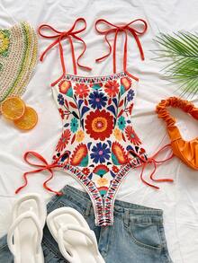 Soleia Women's Vacation Floral Print Tie-Front Bodysuit - Multicolor - View 3