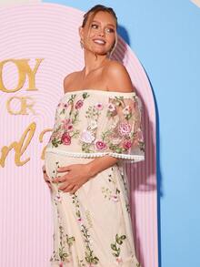 Loomaby 孕妇花卉刺绣网纱露肩优雅连衣裙 - 彩色 - 查看 14