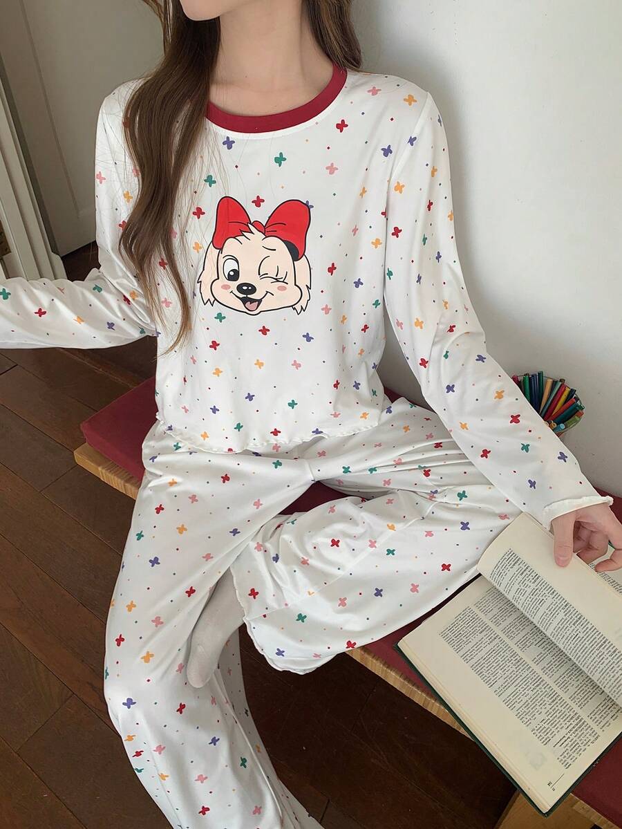 DAZY 女士秋季两件套快乐狗狗印花星星图案宽松长袖长裤睡衣套装 - 米色 - 查看 1