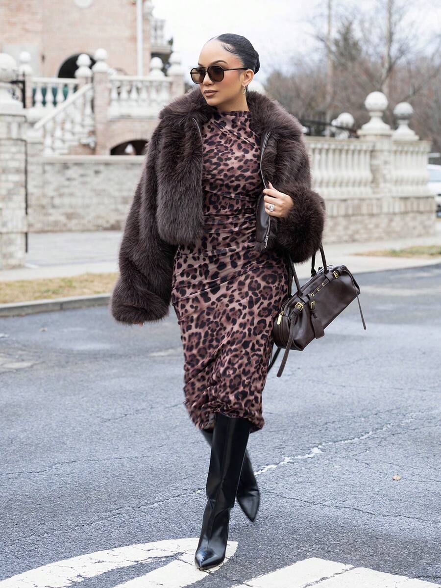 Melissa Matos Women Elegant Leopard Print Mesh Ruched Bodycon Dress Fall Cloth For Women - Brown - View 1