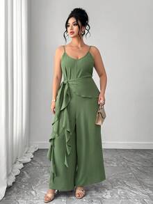 Elenzga 夏季新款百搭荷叶边女士连体裤，时尚优雅，适合度假穿着 - 軍綠色 - 查看 1