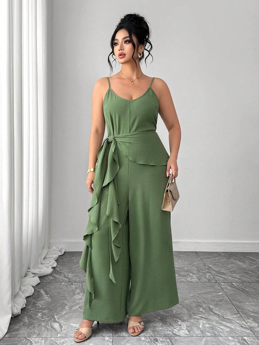 Elenzga 夏季新款百搭荷叶边女士连体裤，时尚优雅，适合度假穿着 - 軍綠色 - 查看 1