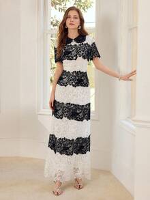 MOTF PREMIUM VESTIDO LARGO DE ENCAJE CON BLOQUES DE COLOR PARA MUJERES - Blanco y Negro - Ver 5