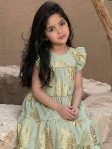 SHEIN Young Girl Ditsy Floral Round Neck Casual Light Green Dress - Green - View 1