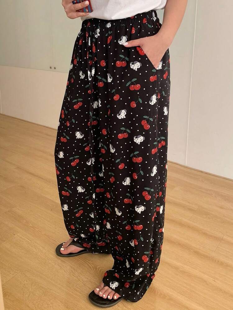 Dazy Plus Plus Size Cherry & Puppy Print Pajama Bottoms