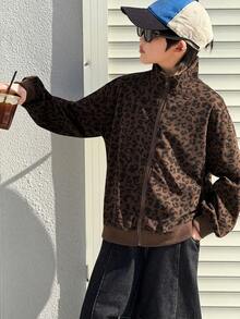 Dazy Kids 男童休闲宽松豹纹翻领外套，秋季款 - 棕色 - 查看 6