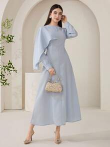 Veilorie Women's Elegant Solid Color Asymmetrical Cape Sleeve Waist Cinched Arabic Style Dress, Suitable For Spring And Autumn - Blue - View 9