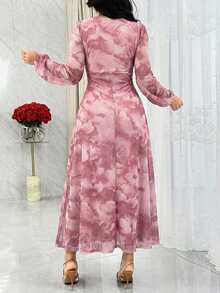 Modelyn 女士优雅印花扭结前襟灯笼袖连衣裙，秋季 - 藕粉色 - 查看 6