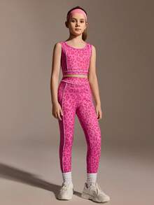 SHEIN Tween Girls Leopard Print Set, Fuchsia Fashionable Sportswear Set, Tank Top & Leggings Sets, Suitable For Casual, Yoga, Sports And More Occasions - Hot Pink - View 3