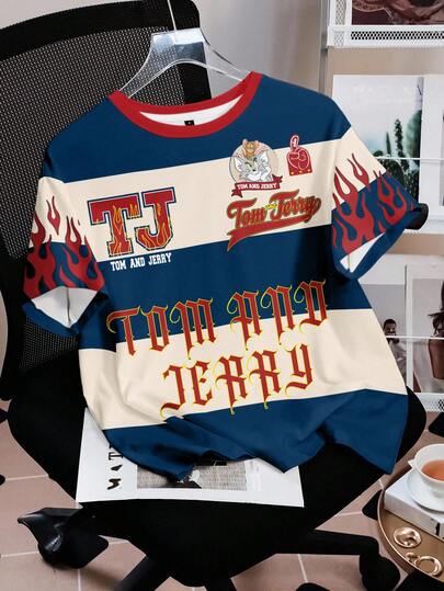 TOM & JERRY X SHEIN Women's Casual Fashionable Street Chic Daily Commute Cartoon Letter Flame Colorblock Stripe Print Short Sleeve T-Shirt