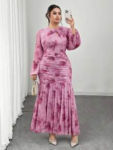 Modelyn 大码女式休闲褶皱修身长袖连衣裙 - 粉色 - 查看 4