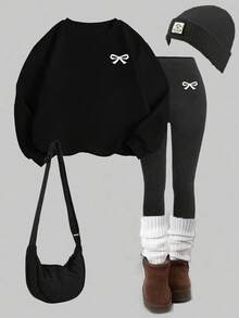SHEIN EZwear 两件套休闲宽松圆领卫衣和紧身打底裤，蝴蝶结Logo，街头风，复古风，返校季，秋季女式休闲套装，秋冬装，校园服，乡村风，嘻哈风，街头风，运动，健身，健身房 - 彩色 - 查看 6