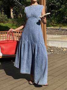 DAZY Women's Summer Round Neck Sleeveless Asymmetric Hem Vacation Washed Denim Dress - Medium Wash - View 4