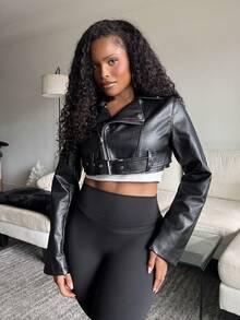 Tyla Gomez Zip Up PU Crop Moto Jacket In Fall/Winter Black - Black - View 3