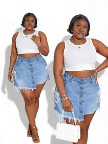 CurvyTilda Plus Ripped Raw Cut Asymmetrical Hem Denim Skort - Light Wash - View 3