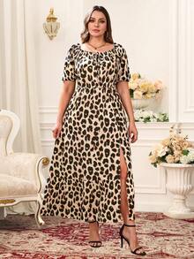 EMERY ROSE Chic Plus Size Leopard Print Midi Dress Off Shoulder Bishop Sleeve Slit Hem A Line Casual Style - Multicolor - View 8