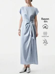 Aalyst 女士优雅时尚轻盈奢华休闲波西米亚风度假/工作通勤复古风纯色混纺圆领露肩腰带褶皱后背松紧腰短袖长款连衣裙，春夏款 - 灰藍色 - 查看 3
