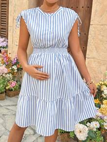 SHEIN Maternity Striped Nursing Function Casual Daily Cap Sleeve Dress - Blue and White - View 5