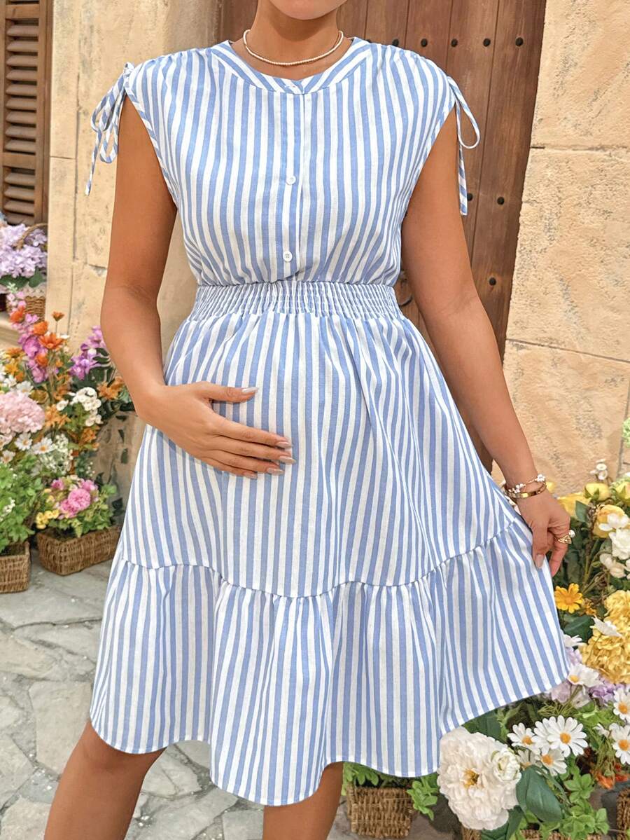 SHEIN Maternity Striped Nursing Function Casual Daily Cap Sleeve Dress - Blue and White - View 1