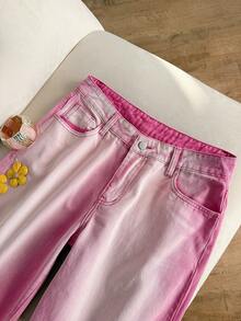 Elamini 女士带口袋纽扣休闲百搭日常穿着阔腿牛仔裤 - 粉色 - 查看 5