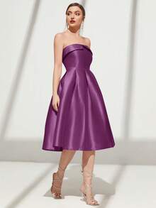 SHEIN Belle Gaun Tanpa Lengan Berlipit Warna Polos Elegan untuk Wanita, Musim Panas - Purple - View 4