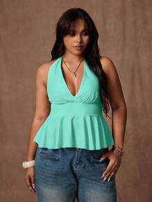 Rustia Áo tank top cổ yếm màu trơn dành cho nữ cỡ lớn, thích hợp mặc thường ngày và đi làm. - Màu xanh Bạc hà - Xem 5