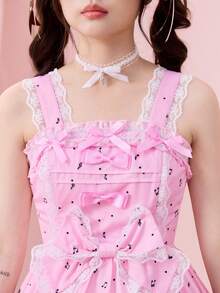 ROMWE Kawaii Đầm Lolita dễ thương dành cho nữ, in hình mèo chơi piano, ren, xếp ly và nơ. - Hồng - Xem 5